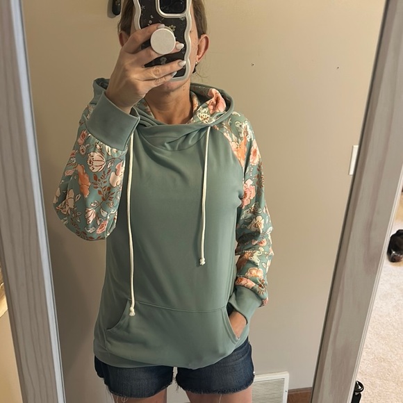 Green and Pink Floral Sleeve Hoodie - Picture 1 of 6